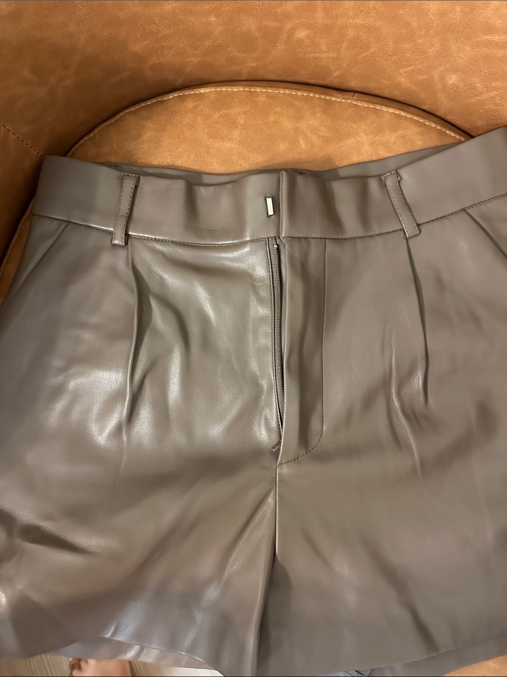 Zara Men's Flat-Front Faux Leather Shorts in Taupe